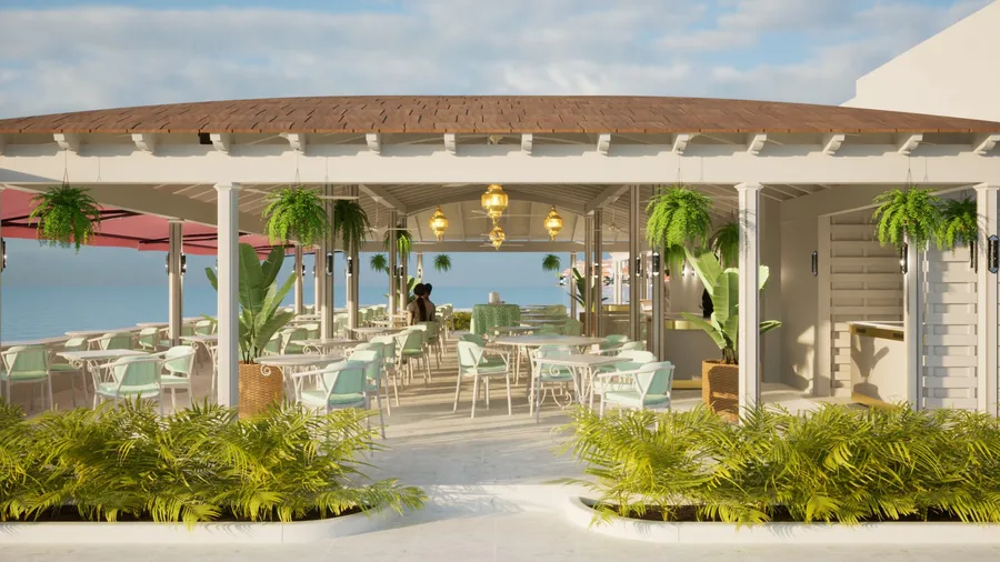 Photorealistic render of a wide covered dining pavilion at Hotel Cobblers Cove, framed by palm trees and overlooking the ocean.